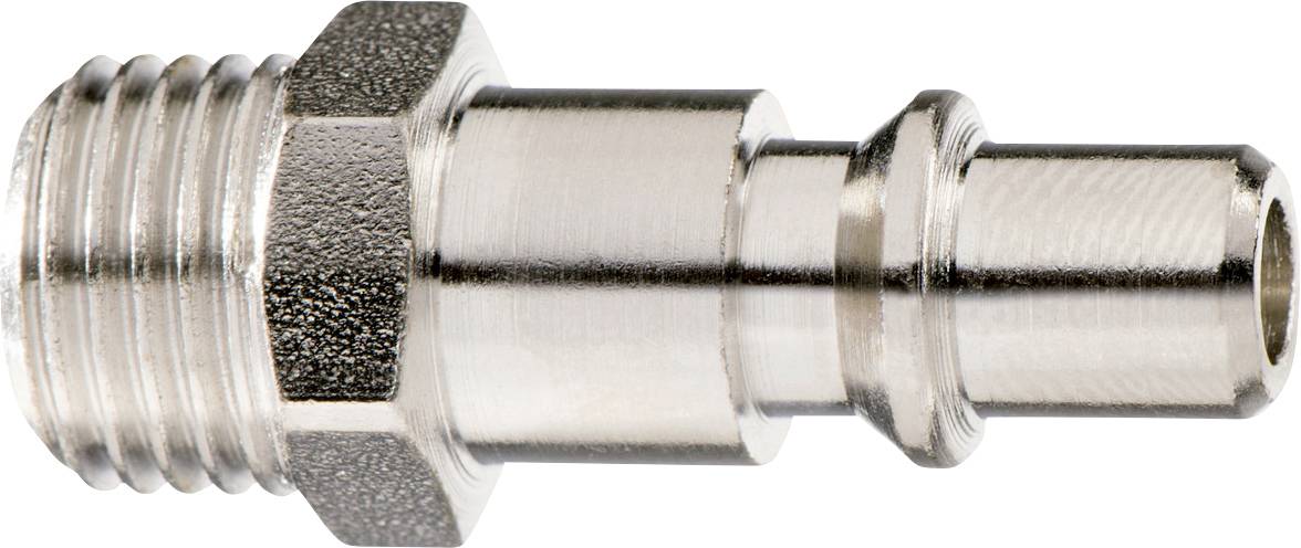Adaptateur de raccord de tuyau métallique avec extrémité filetée et buse de connexion rapide lisse, présenté sur fond blanc.