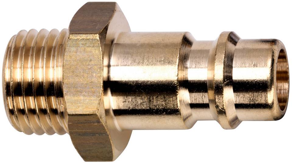 Raccord de tuyau en laiton avec extrémité mâle filetée et connecteur rapide, montré en vue de côté sur un fond blanc.