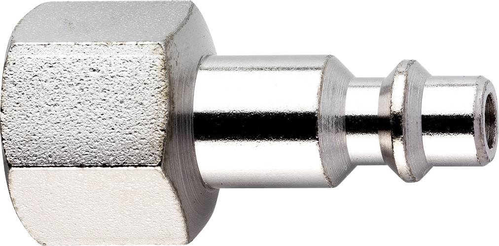 Gros plan d'un raccord de connecteur rapide pneumatique à embase hexagonale métallique sur fond blanc.