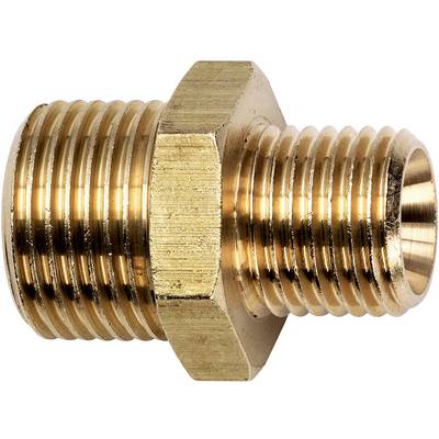 Réduction hexagonale en laiton avec filetage extérieur, réduite de gauche à droite. Utilisée pour raccorder des tuyaux ou des tubes.
