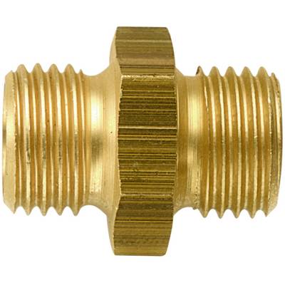 Raccord en laiton à double nipple avec deux filetages externes et une section centrale hexagonale, utilisé pour connecter des tuyaux.