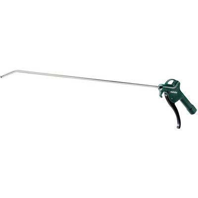 Un pistolet pneumatique long avec une poignée verte et un tube en forme de L. Il est fréquemment utilisé pour nettoyer des endroits difficiles d'accès.