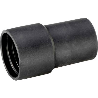 Raccord ou connecteur de tuyau plastique cylindrique noir, présenté sur un fond blanc.