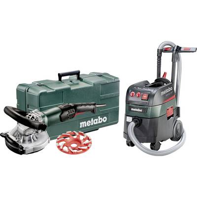Ensemble d'outils électriques Metabo : meuleuse d'angle avec protecteur, disque diamant, mallette de transport et aspirateur eau/poussière sur fond blanc.