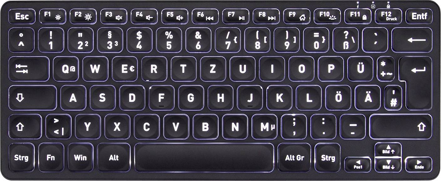 Clavier allemand QWERTZ rétroéclairé, avec différents caractères spéciaux sur les touches de fonction. Idéal pour une utilisation sur PC.