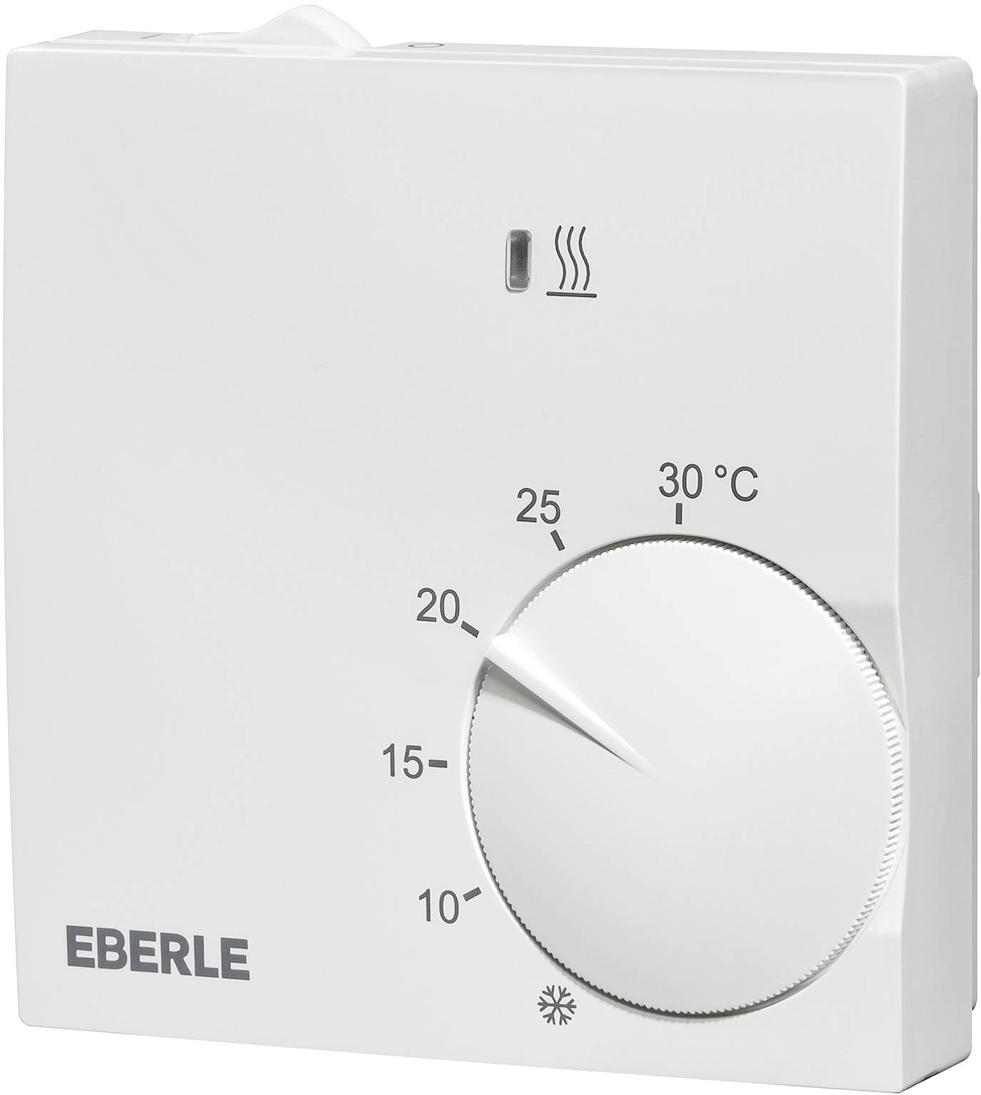 Un thermostat blanc Eberle affiche des réglages de température de 10°C à 30°C. Le bouton de réglage est positionné sur environ 20°C.