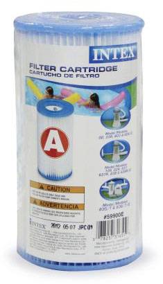 Une cartouche filtrante pour piscines de la marque Intex, modèle 'A', avec illustration du produit. Adaptée à certains modèles de pompes.