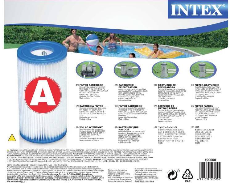 Cartouche de filtration Intex A avec image d'une piscine ronde entourée de personnes. Produit pour le nettoyage de piscine. Différentes langues sur l'étiquette.
