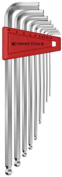 Un ensemble de neuf clés Allen de différentes tailles en acier inoxydable avec support rouge.