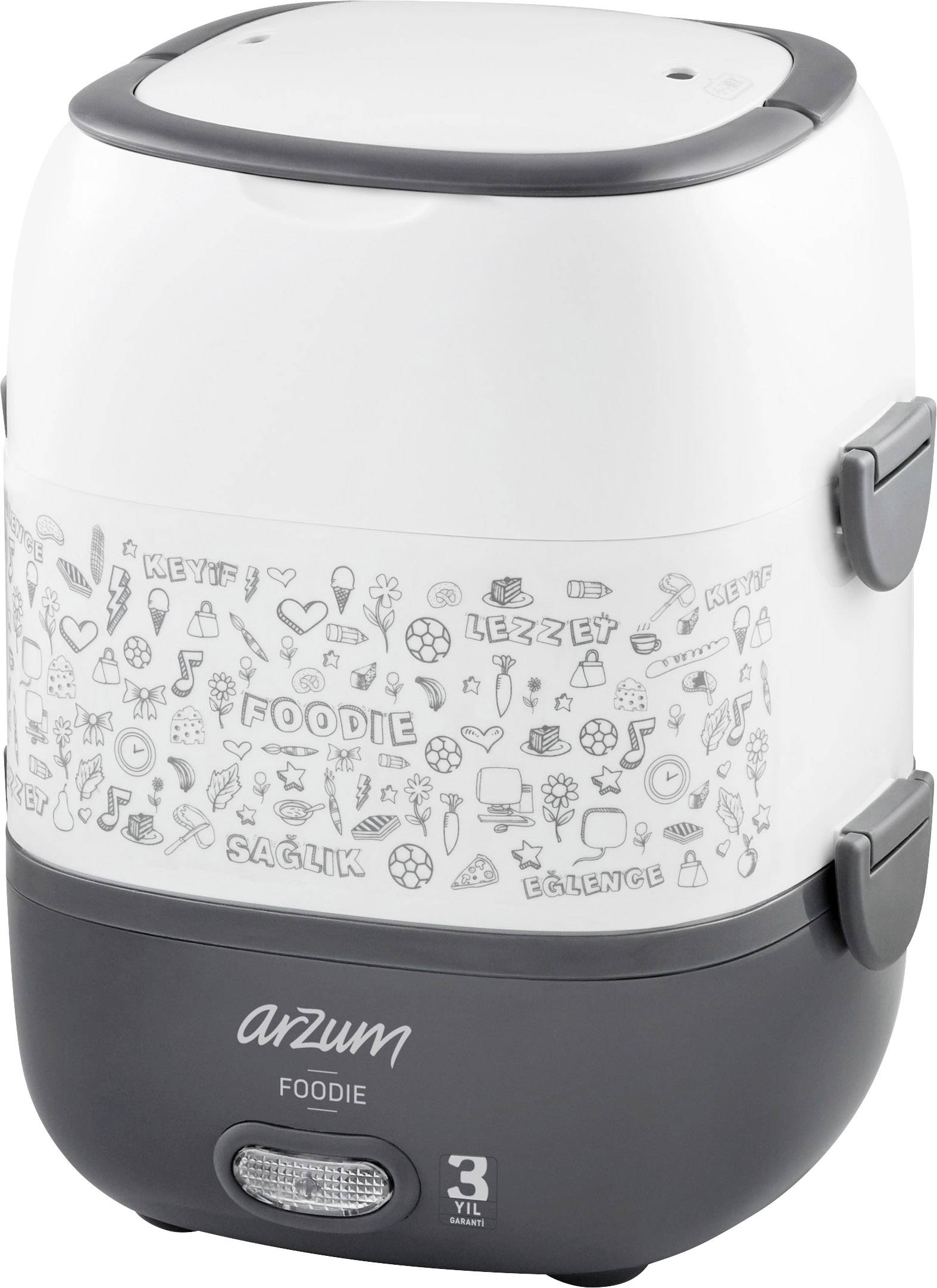Un conteneur alimentaire compact et portable avec des accents gris ; portant l'inscription 'arzum foodie' sur la face avant, adapté pour 3 V/L.
