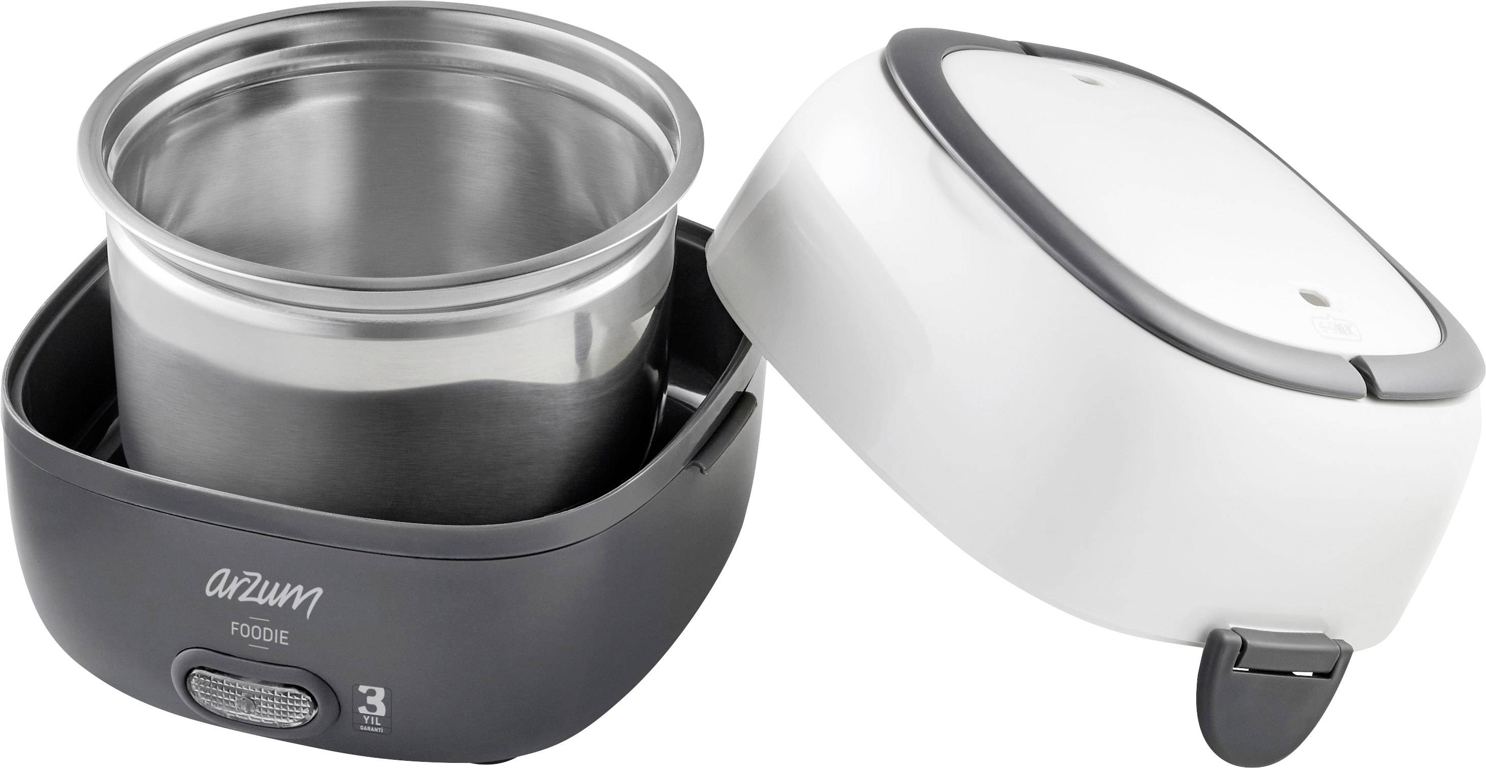 Boîte à lunch électrique avec récipient intérieur en argent et couvercle amovible, adaptée au réchauffage des aliments.