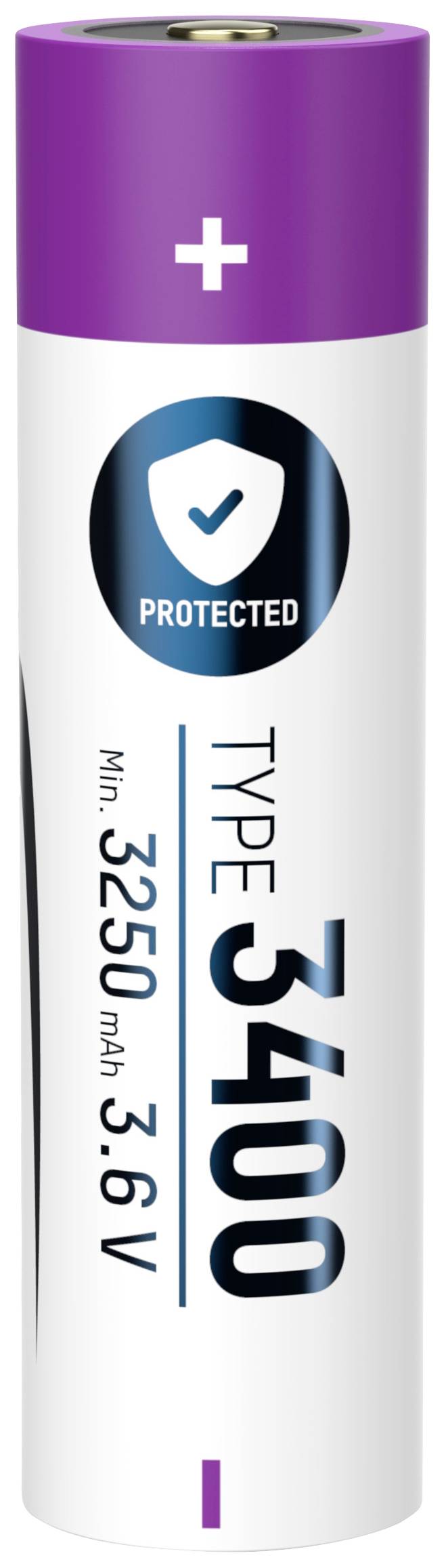 Une batterie rechargeable à tête violette indique 'Type 3400', capacité 3250 mAh, tension 3,6 V, et un symbole de protection.