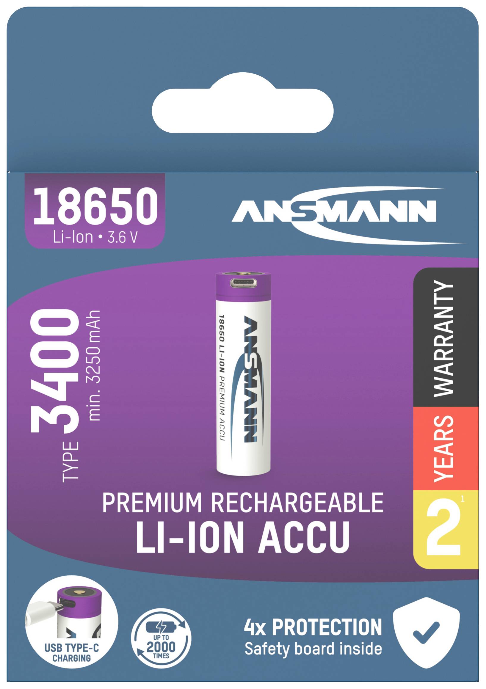 'Batterie Ansmann 18650 Li-Ion, type 3400, 3,6 V, fonction de charge USB-C, 2 ans de garantie, carte de protection intégrée, jusqu'à 2000 cycles de charge.'