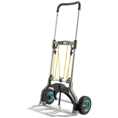 Chariot pliable avec une poignée noire, une jante de roue bleue et une corde jaune, sur fond blanc.
