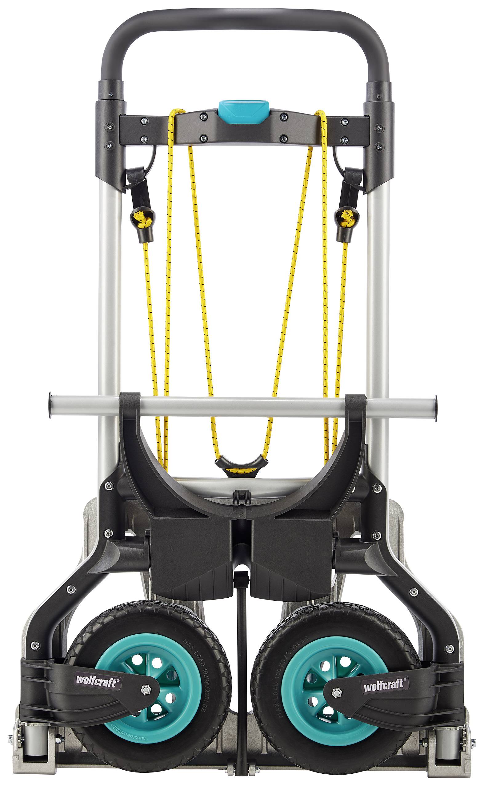 Un chariot de transport pliable avec de grandes roues bleues et des sangles de tension jaunes, adapté au transport de charges lourdes.