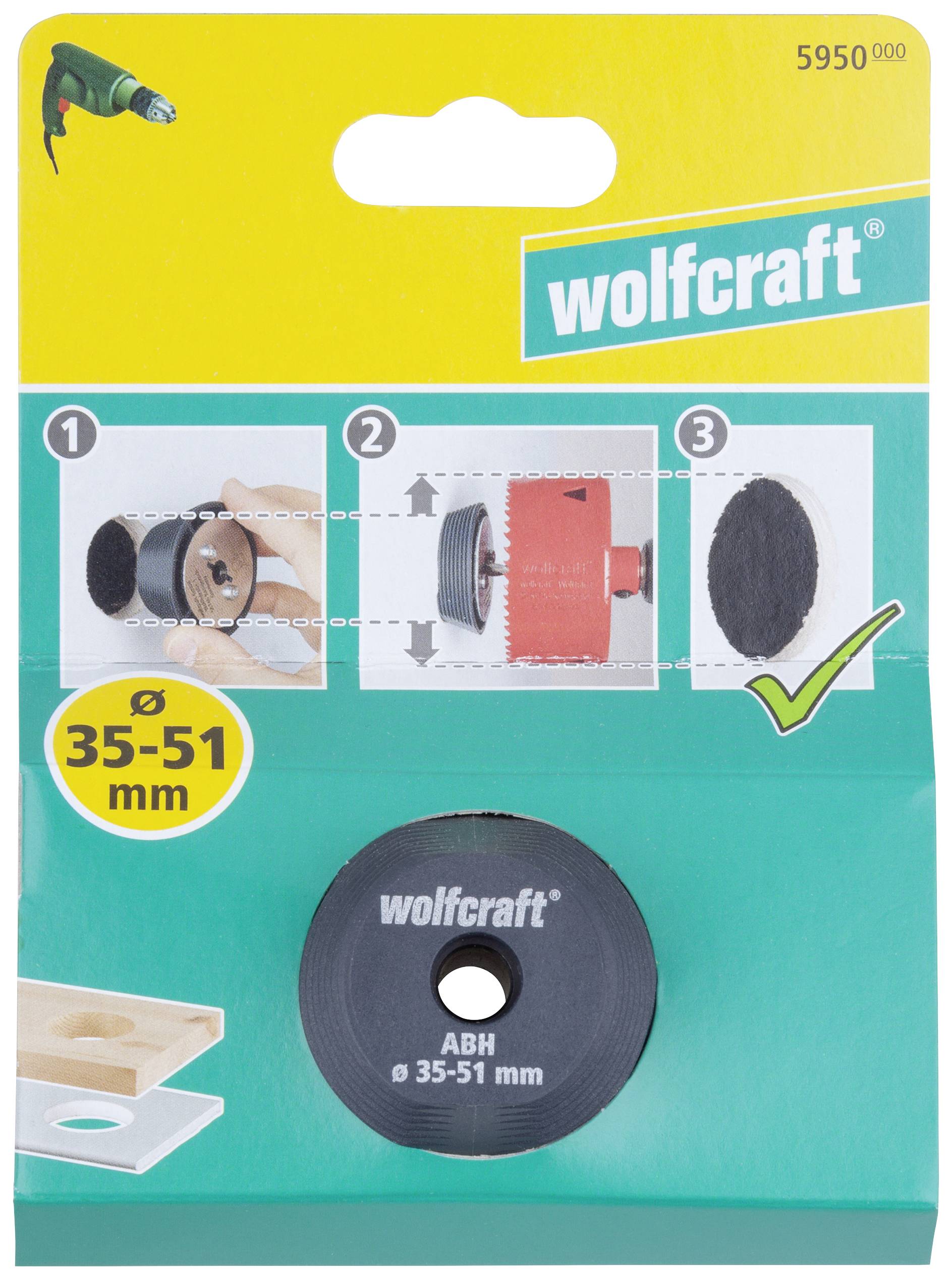 Emballage de la scie cloche 'Wolfcraft', contient une scie cloche pour des diamètres de 35-51 mm. Guide illustré étape par étape pour l'utilisation.