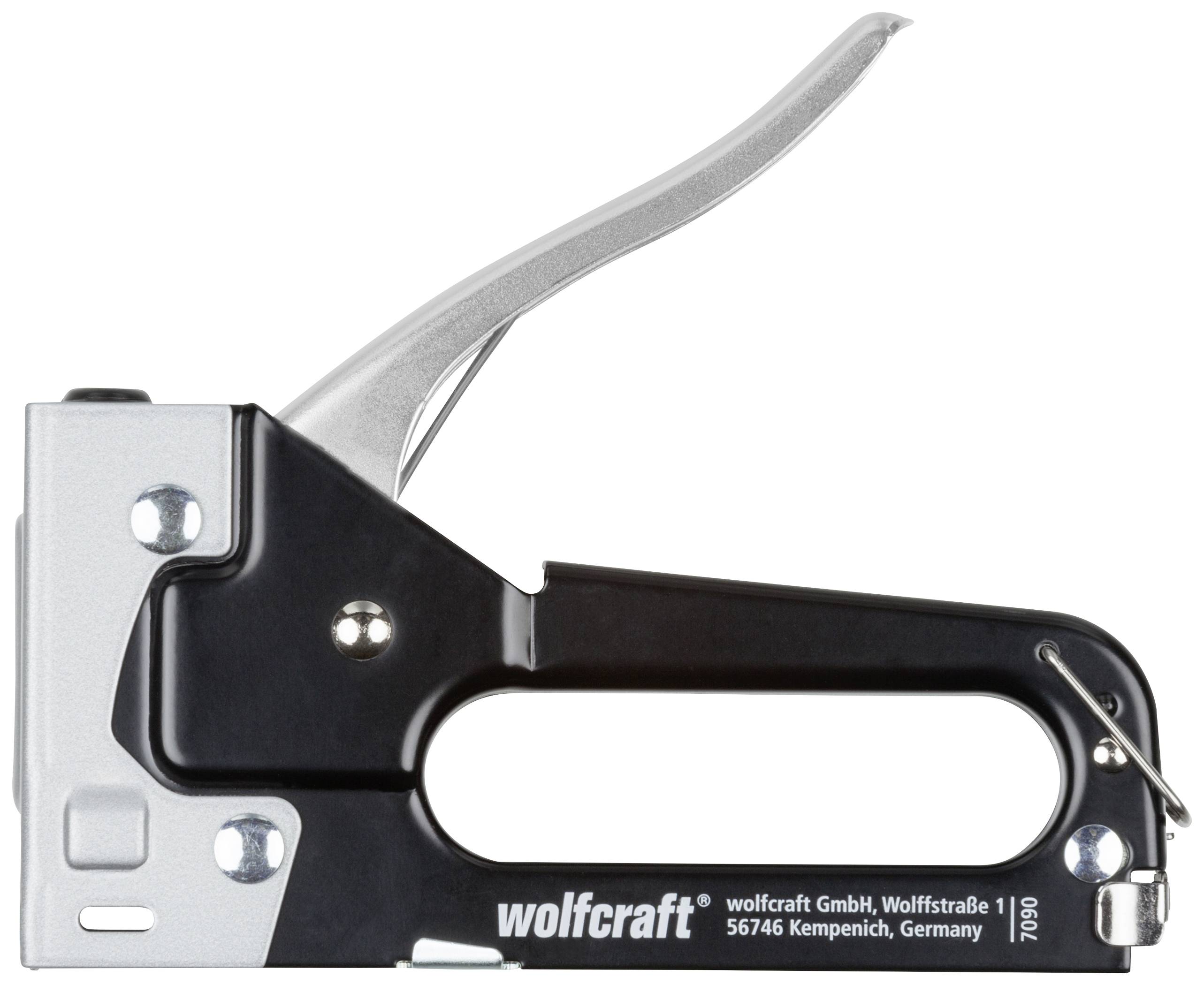 Un agrafeur manuel argenté et noir de wolfcraft, modèle 7050, adapté à différents types d'agrafes.