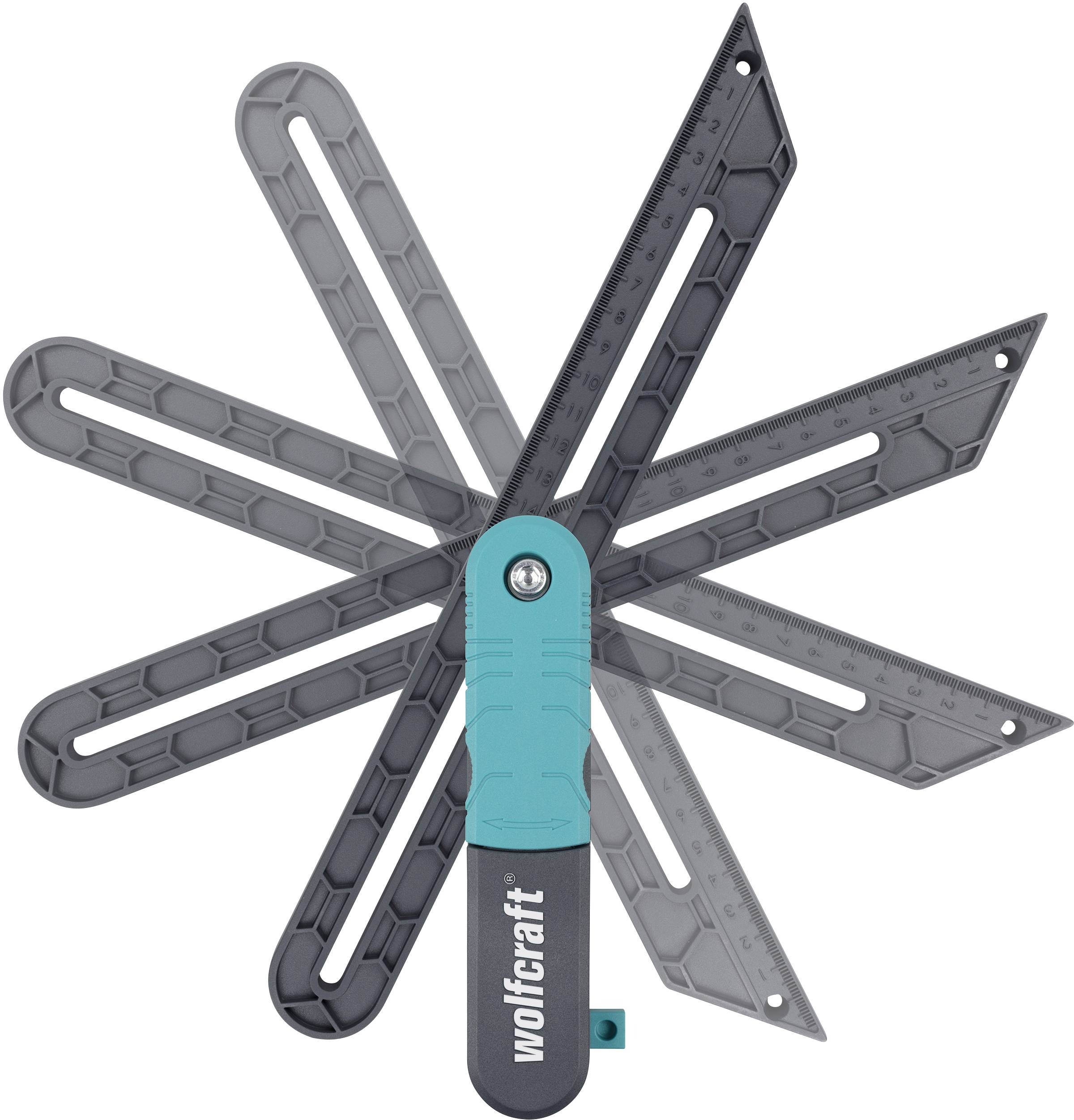 Le 'Wolfcraft Winkeltronic' présente un équerre combinée à angle ajustable avec plusieurs positions de verrouillage pour des mesures précises.