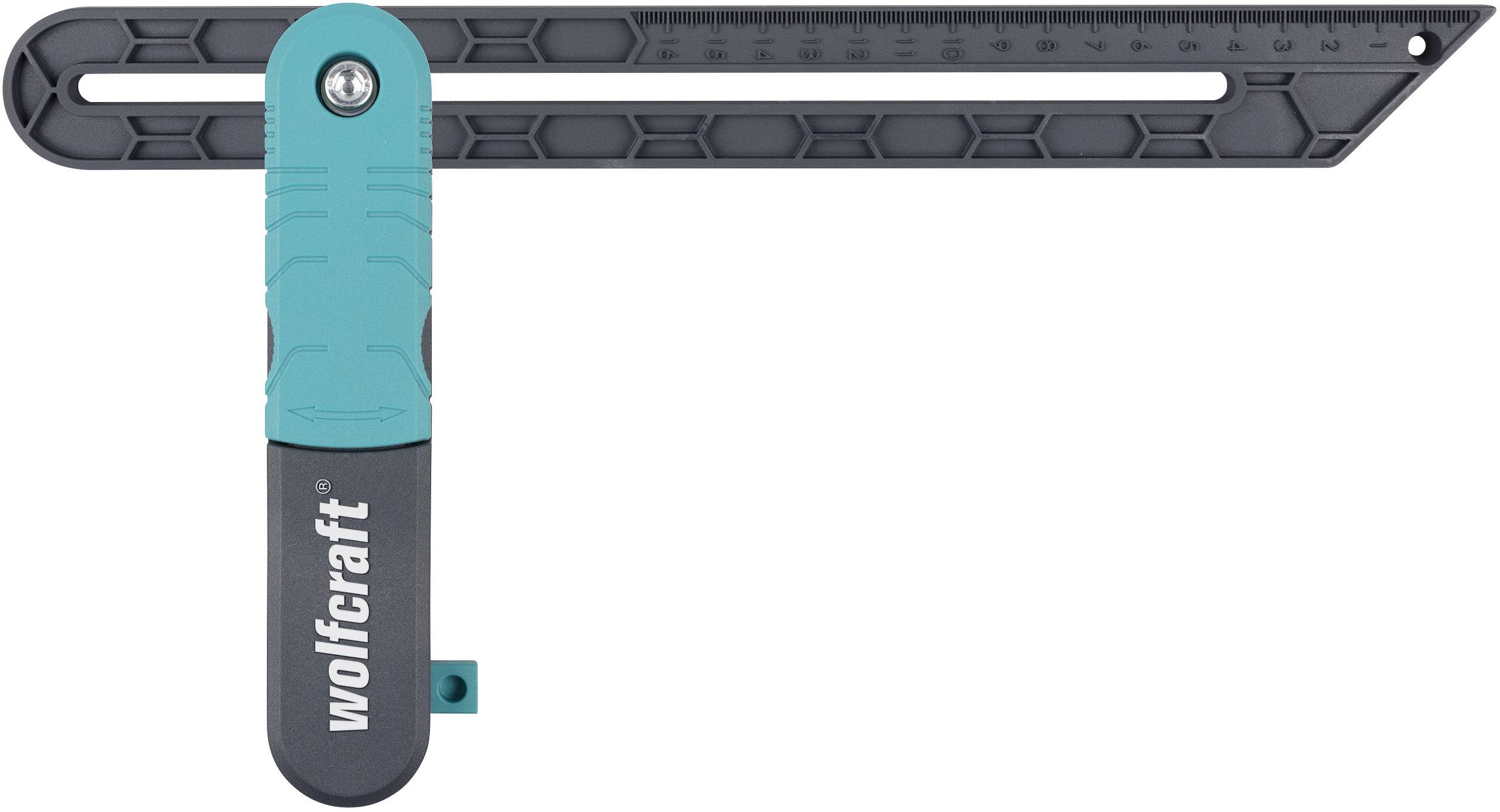 Gabarit de mesure avec règle graduée et poignée rotative, adapté pour des mesures d'angle précises.