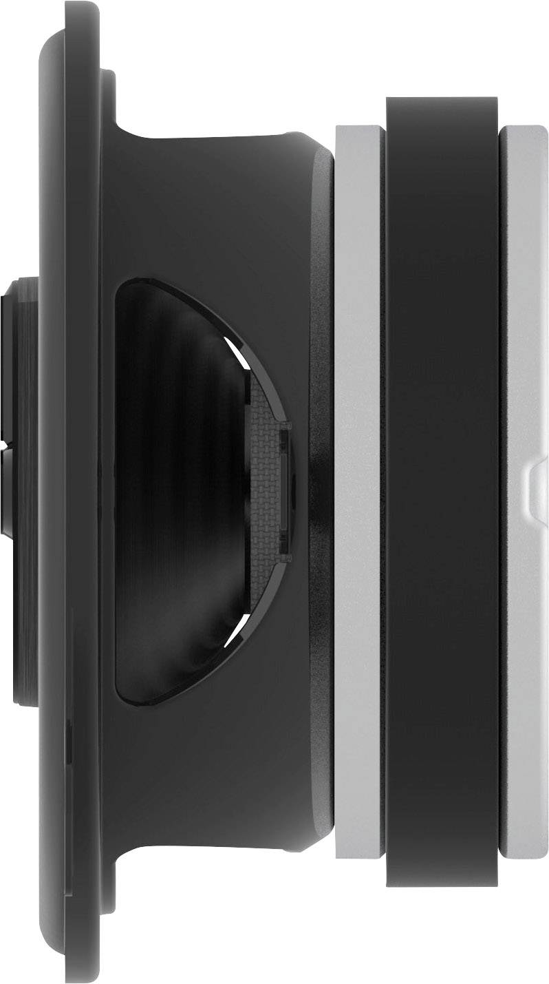 Vue latérale d'un objectif d'appareil photo mettant en valeur sa conception élégante et compacte. Boîtier en noir et argent.