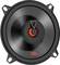 Enceinte ronde noire avec un accent rouge et le logo JBL, adaptée aux applications audio.