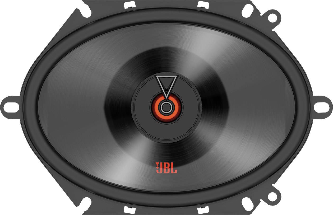 Un haut-parleur ovale avec une grille métallique noire et un centre rouge sur lequel est imprimé le logo 'JBL'.