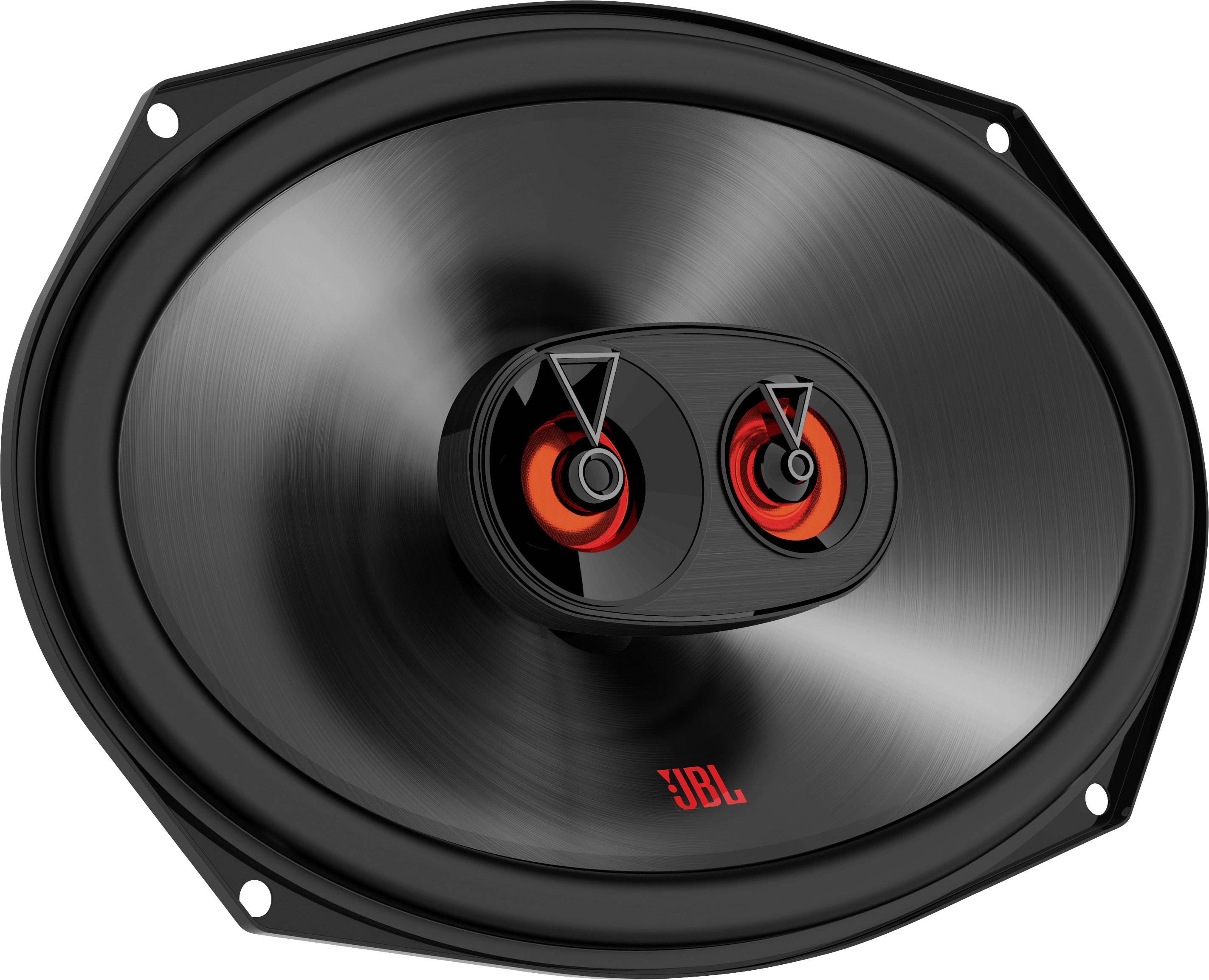 Haut-parleurs au design ovale, avec deux accents rouges au centre et un boîtier noir. Marquage 'JBL' en bas.