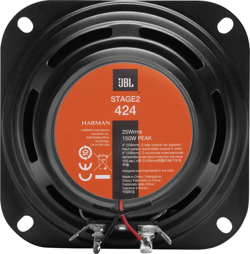Un haut-parleur noir avec une étiquette orange. Inscription : « JBL STAGE2 424, 25W RMS, 150W PEAK ». Câble visible en bas.