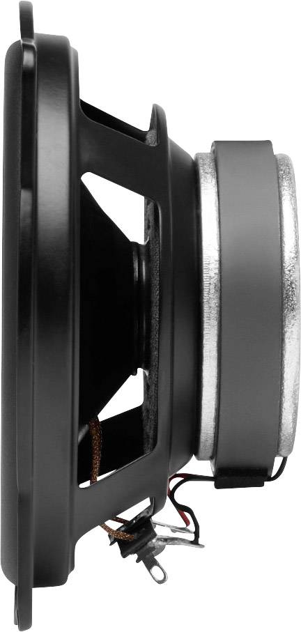 Un haut-parleur noir vu de côté, avec des fils et des fixations visibles, montrant la structure et l'arrière du haut-parleur.