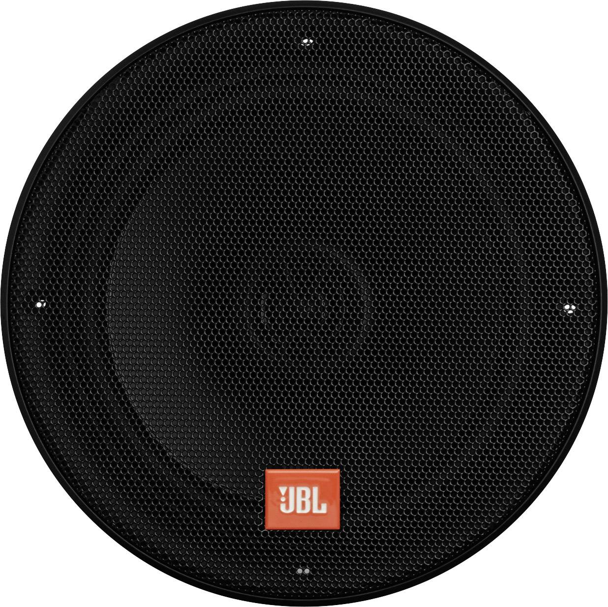 Un haut-parleur rond noir avec un logo orange au centre en bas. Le logo présente les initiales 'JBL'.