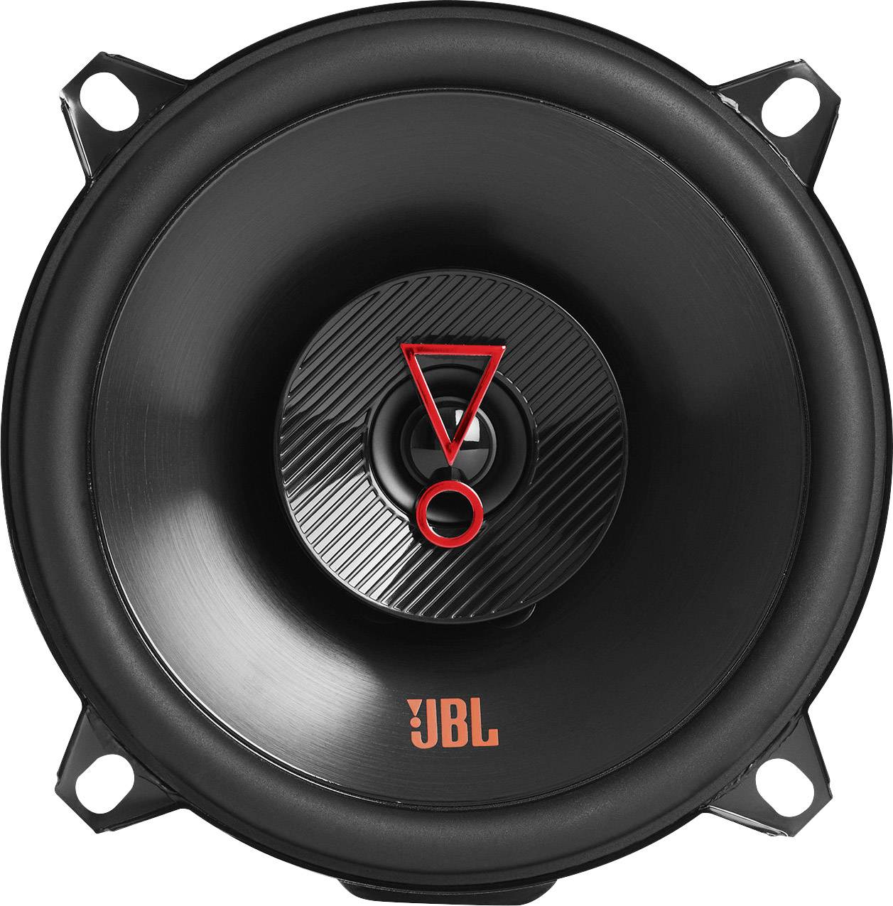 Haut-parleur en gros plan avec le logo JBL en bas, marquage rouge prononcé au centre.