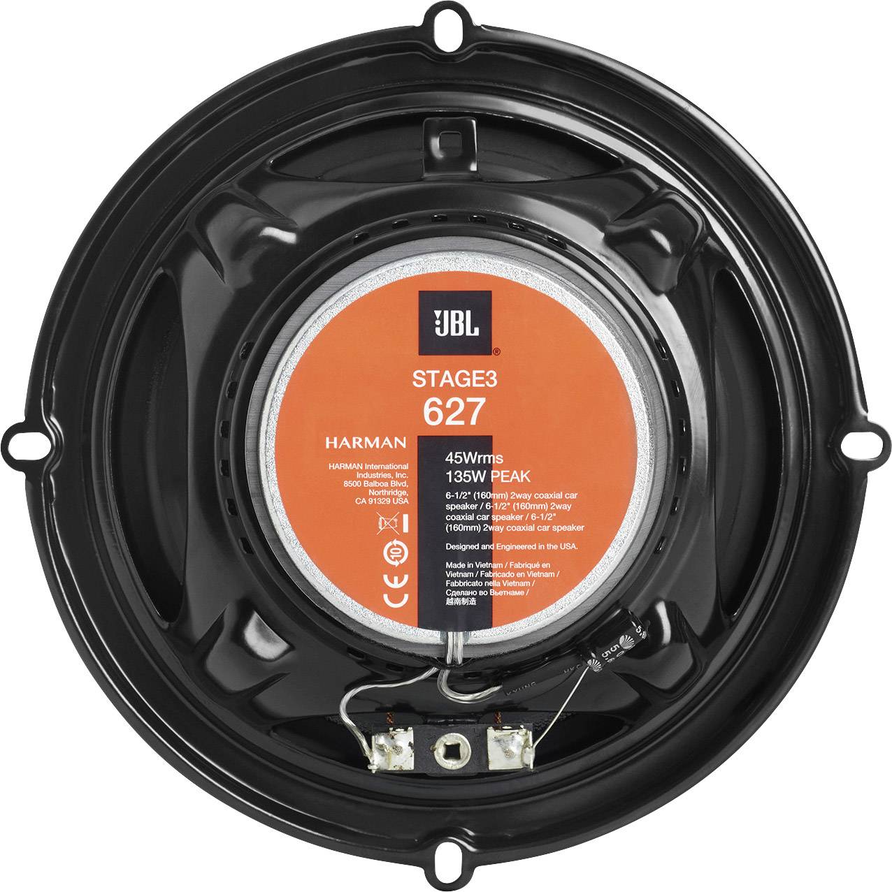 Face arrière d'un haut-parleur rond avec une étiquette orange 'JBL Stage3 627', spécifications de puissance 45W RMS, 135W en crête.
