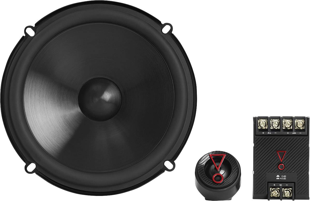 Ensemble de haut-parleurs : Un grand haut-parleur noir, un tweeter plus petit et un filtre de fréquence avec des bornes de connexion.