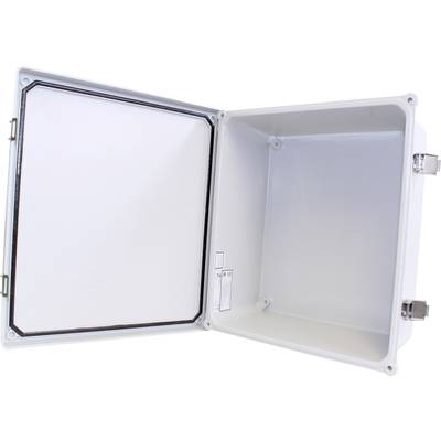 Boîtier en plastique ouvert et vide, avec des charnières sur le côté gauche et des fermetures à droite, adapté pour les installations électriques.