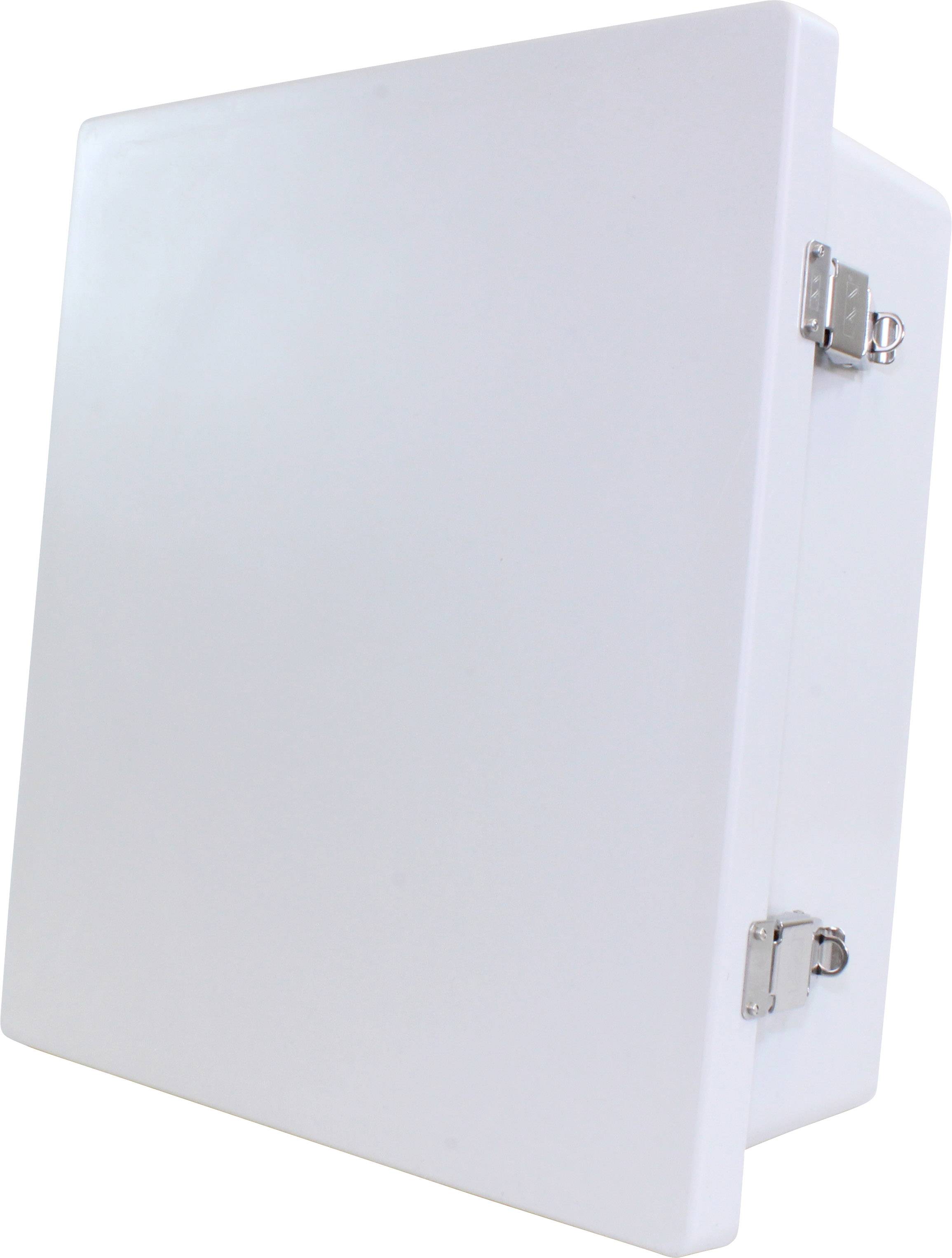 Un placard rectangulaire blanc avec deux serrures métalliques sur le côté droit.