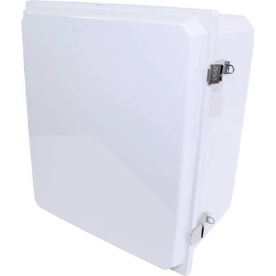 Un boîtier mural blanc rectangulaire avec deux verrous métalliques sur le côté.