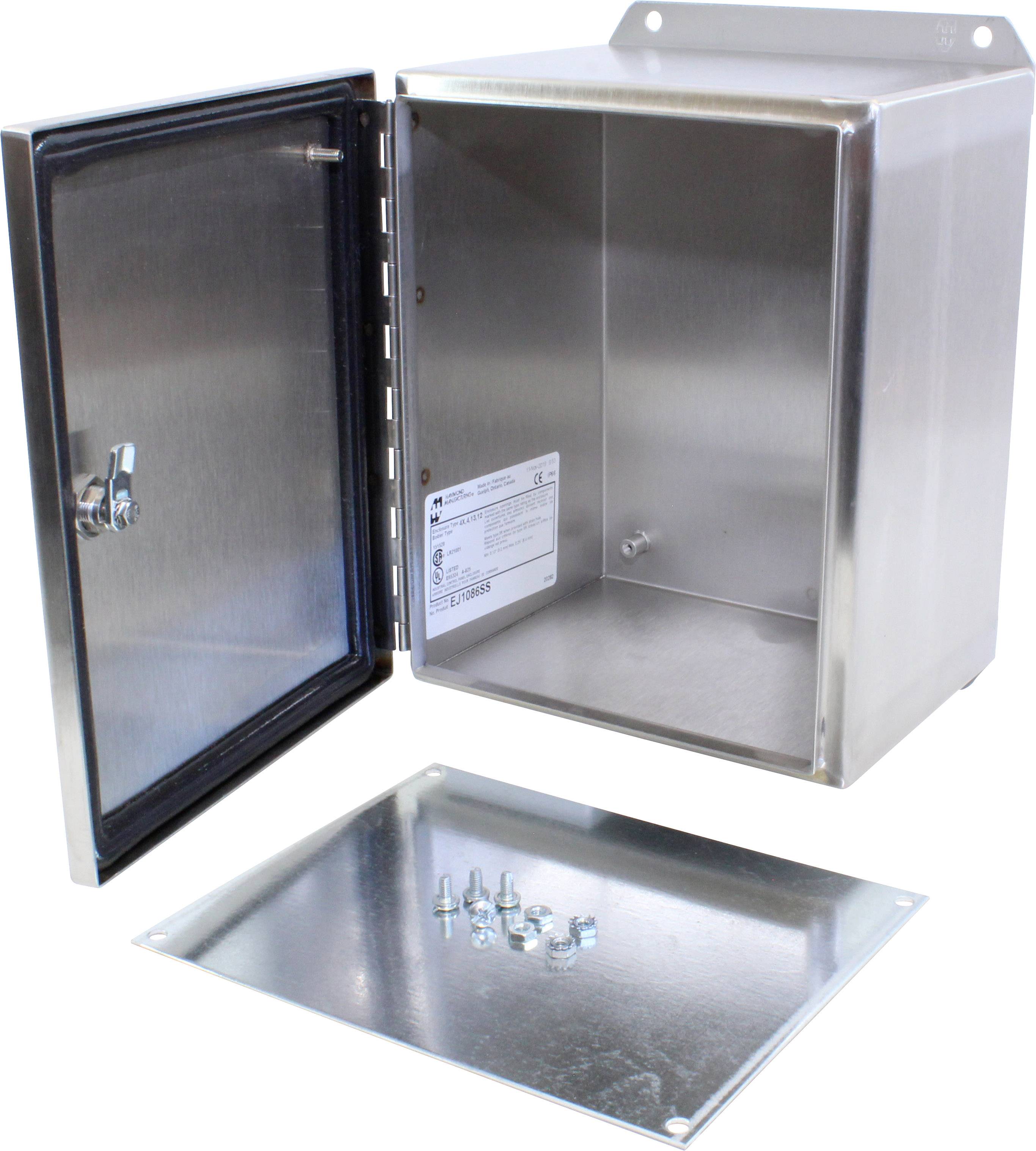 Boîte ouverte en acier inoxydable avec porte, couvercle amovible et six petites vis. Adaptée au rangement ou à la protection d'appareils.