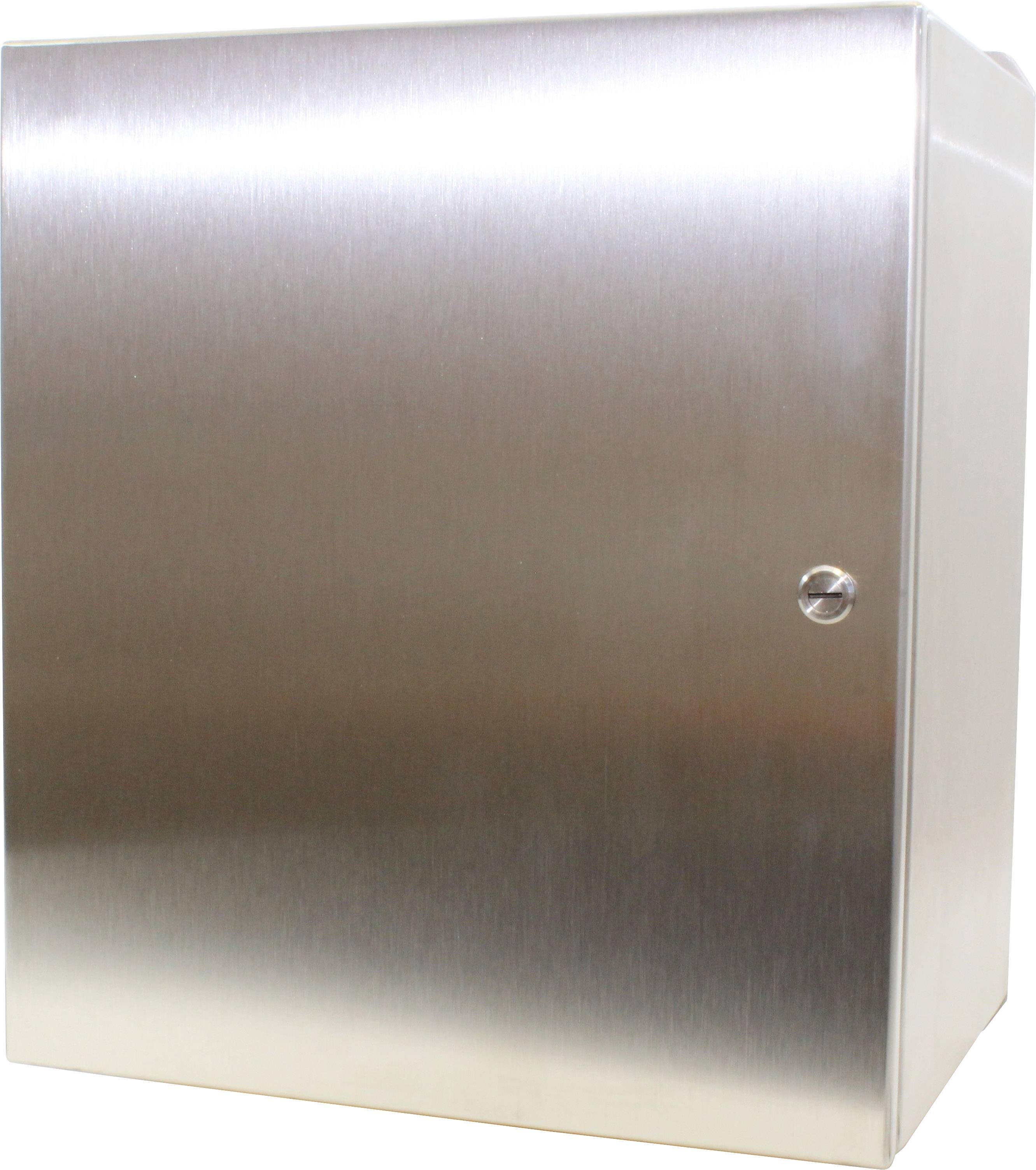 Armoire métallique à surface lisse et brillante, avec une porte unique visible et une poignée ronde de rotation.