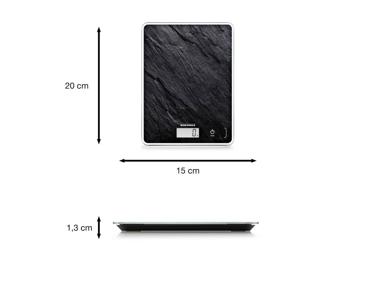 Balance de cuisine numérique avec aspect ardoise, hauteur 20 cm, largeur 15 cm, épaisseur 1,3 cm, affichage numérique sur la face avant.