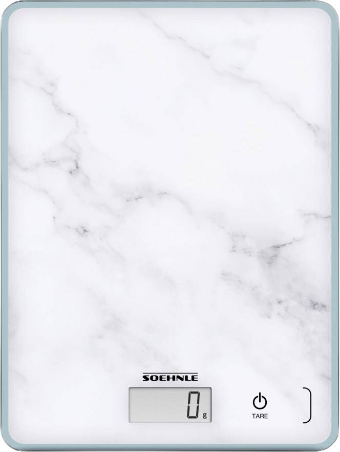 Une balance de cuisine numérique avec un motif en marbre blanc. L'écran affiche '0 g'. Nom de la marque en haut et bouton marche/arrêt à droite.
