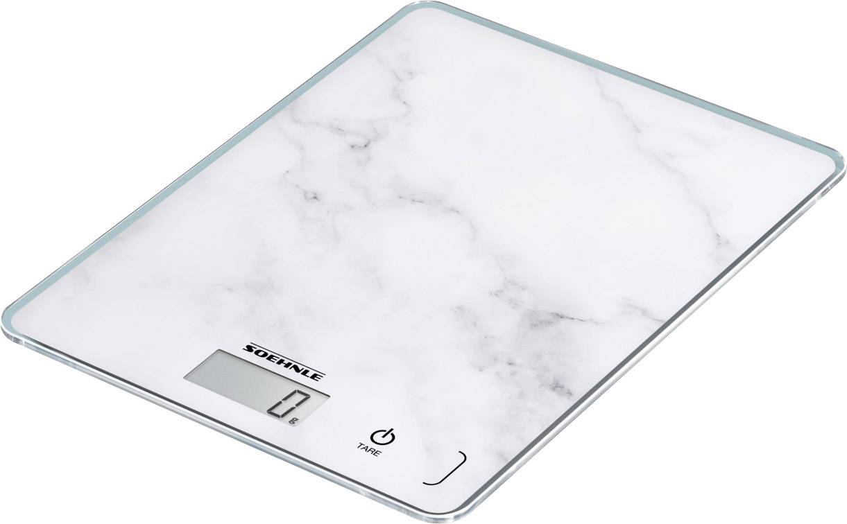 Balance de cuisine numérique avec aspect marbre, affichant '0' gramme. Design rectangulaire avec écran et commandes tactiles.