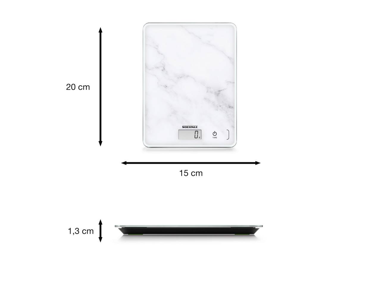 Balance de cuisine numérique au design en marbre, 20 cm de haut, 15 cm de large, 1,3 cm de profondeur. Équipée d'un écran digital pour afficher le poids.
