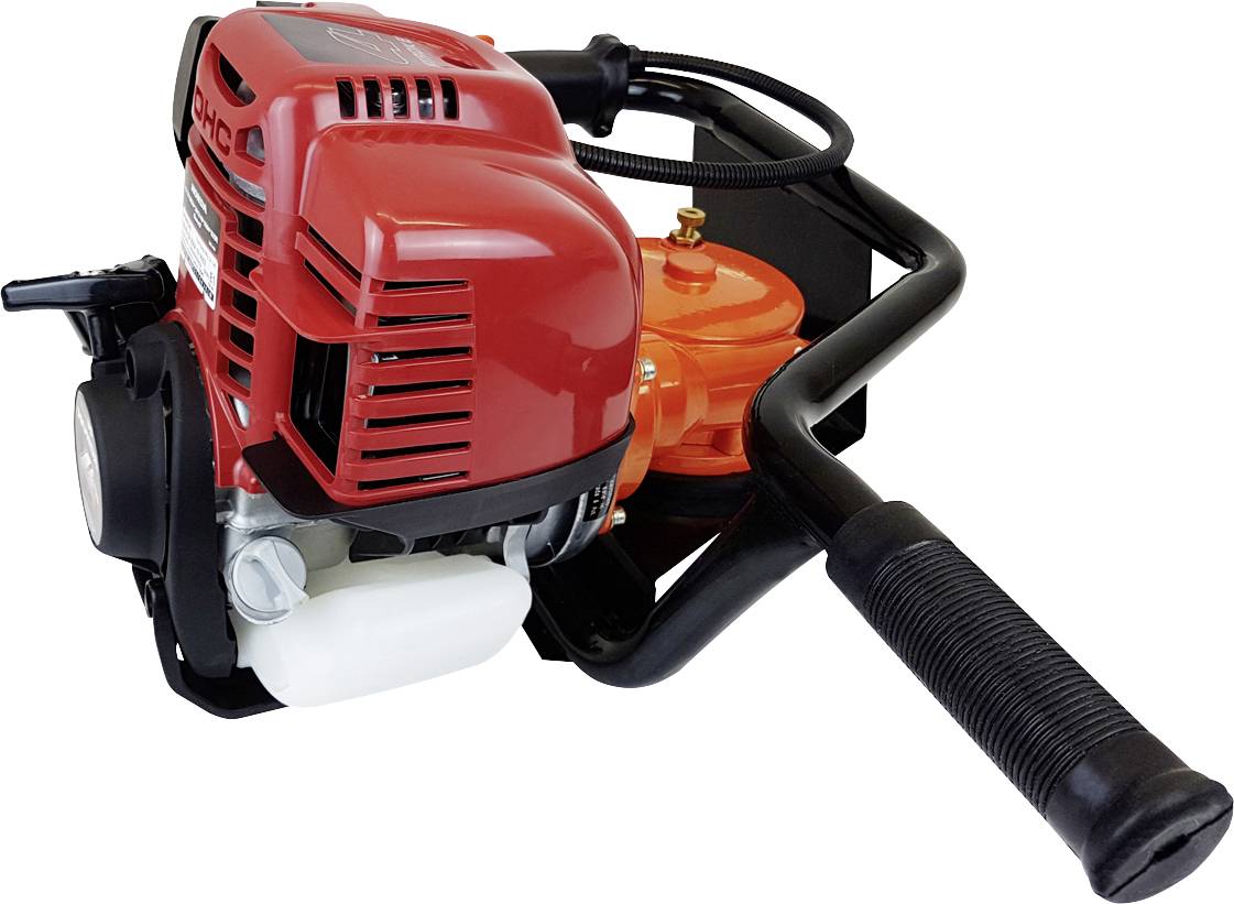 Tarière à essence avec moteur rouge et poignée noire, adaptée aux travaux de jardinage et au perçage de trous dans des sols compacts.