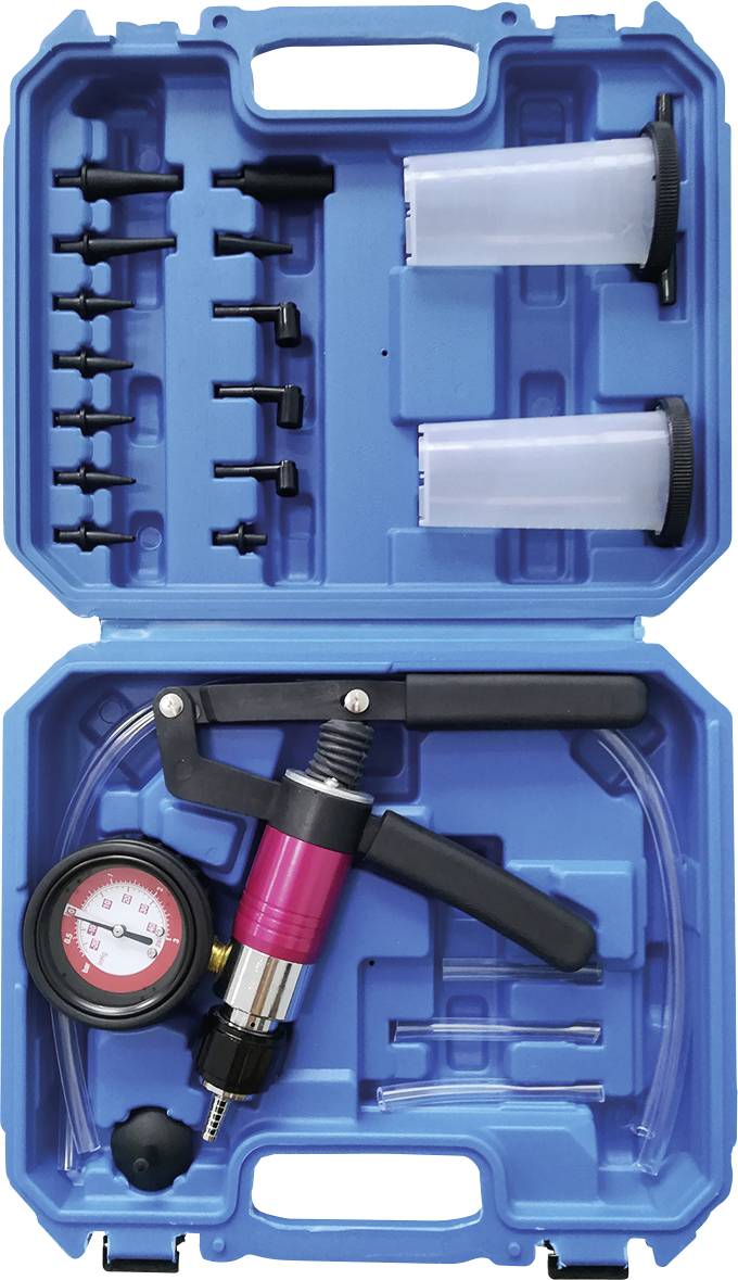 Boîte à outils bleue contenant une pompe à vide manuelle, un manomètre, des tuyaux et des accessoires pour la purge des freins automobiles.