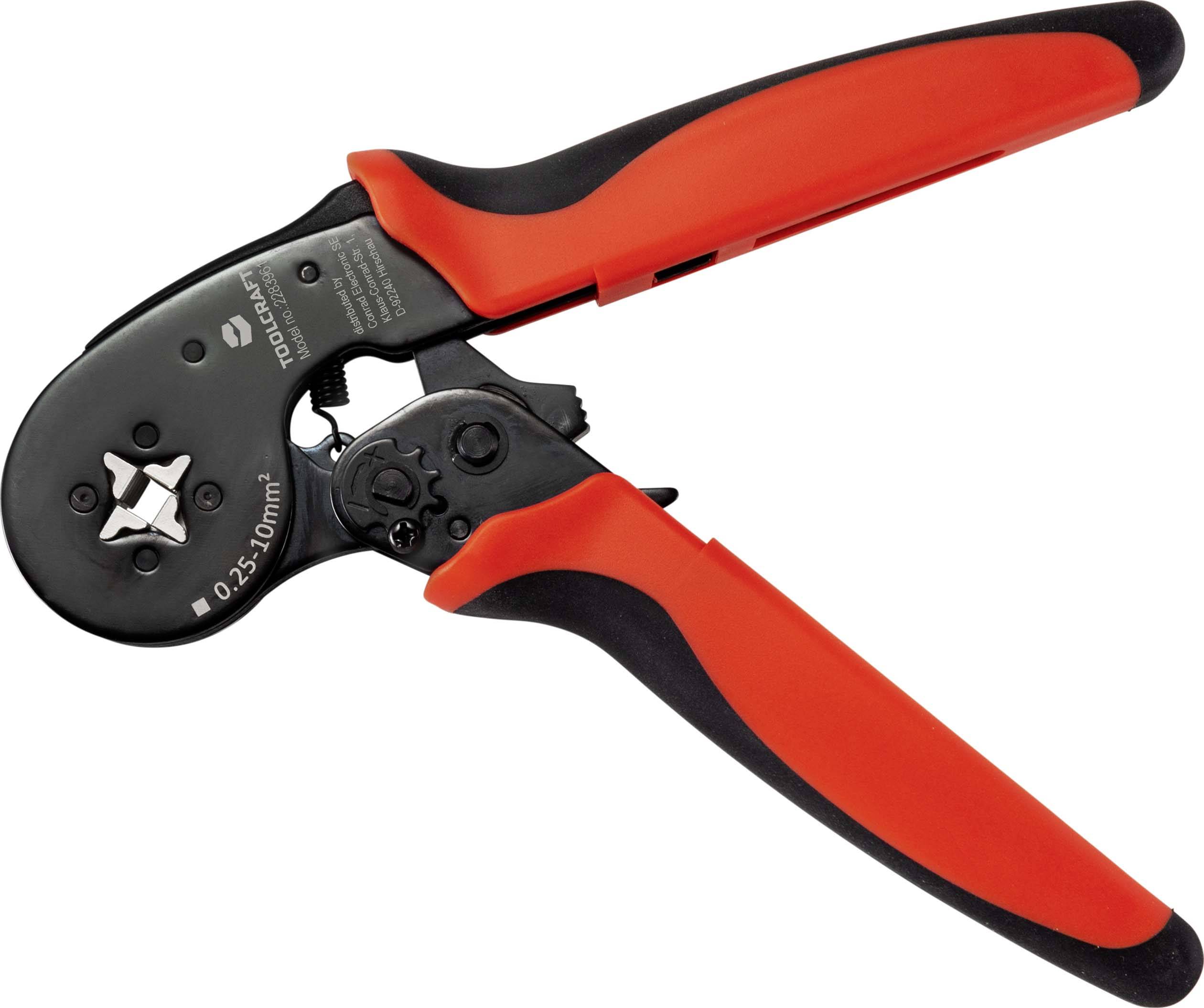 Une pince à sertir rouge avec poignées ergonomiques pour la connexion de câbles, adaptée pour des sections de 0,25 à 10 mm².