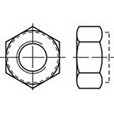 Dessin technique d'un écrou hexagonal en vue de face et de profil, avec des lignes détaillées et des dimensions précises.