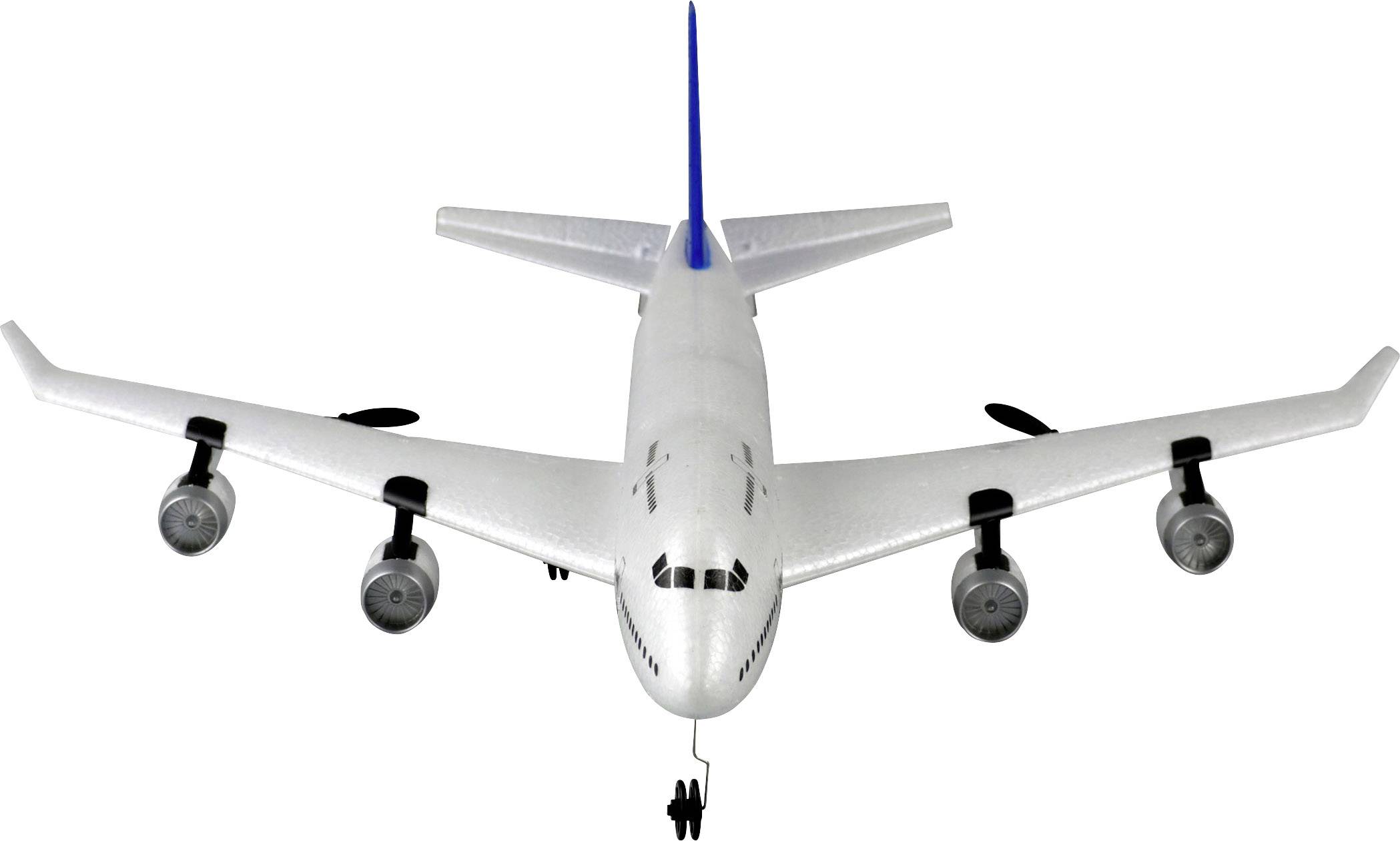 Un avion de ligne blanc à quatre moteurs, avec une bande bleue sur la dérive, photographié de face et en plongée légère sur un fond blanc.