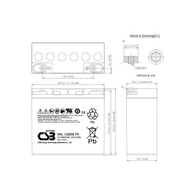 Dessin technique d'une batterie avec les dimensions 181x76x167,5 mm. Détails sur les dimensions et les connexions de la batterie.