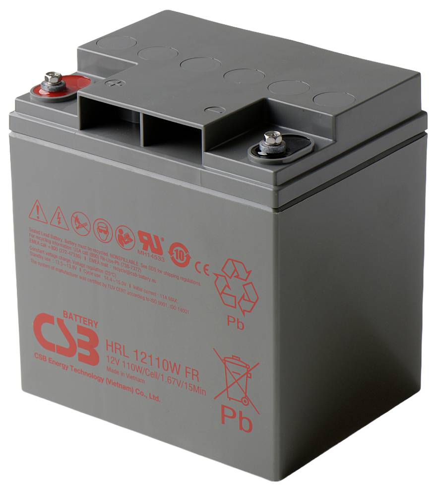Une batterie CSB grise étiquetée 'HRL 12110W FR', indiquant que c'est un dispositif de 12V 110W/cellule avec des symboles d'avertissement et des détails de fabrication.