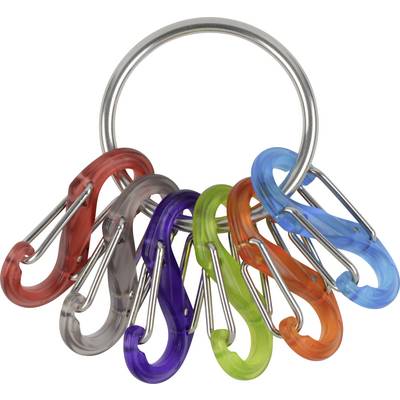 Un anneau métallique maintient six mousquetons colorés en rouge, violet, vert et bleu, souvent utilisés pour organiser ou accrocher ensemble de petits objets.